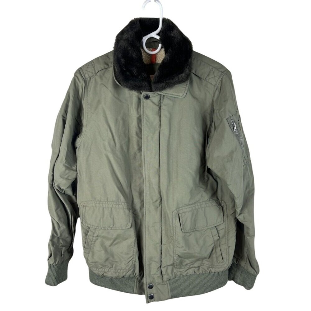 Lands End Kids Olive Green Bomber Jacket Faux Fur Collar Winter Coat XL 18-20